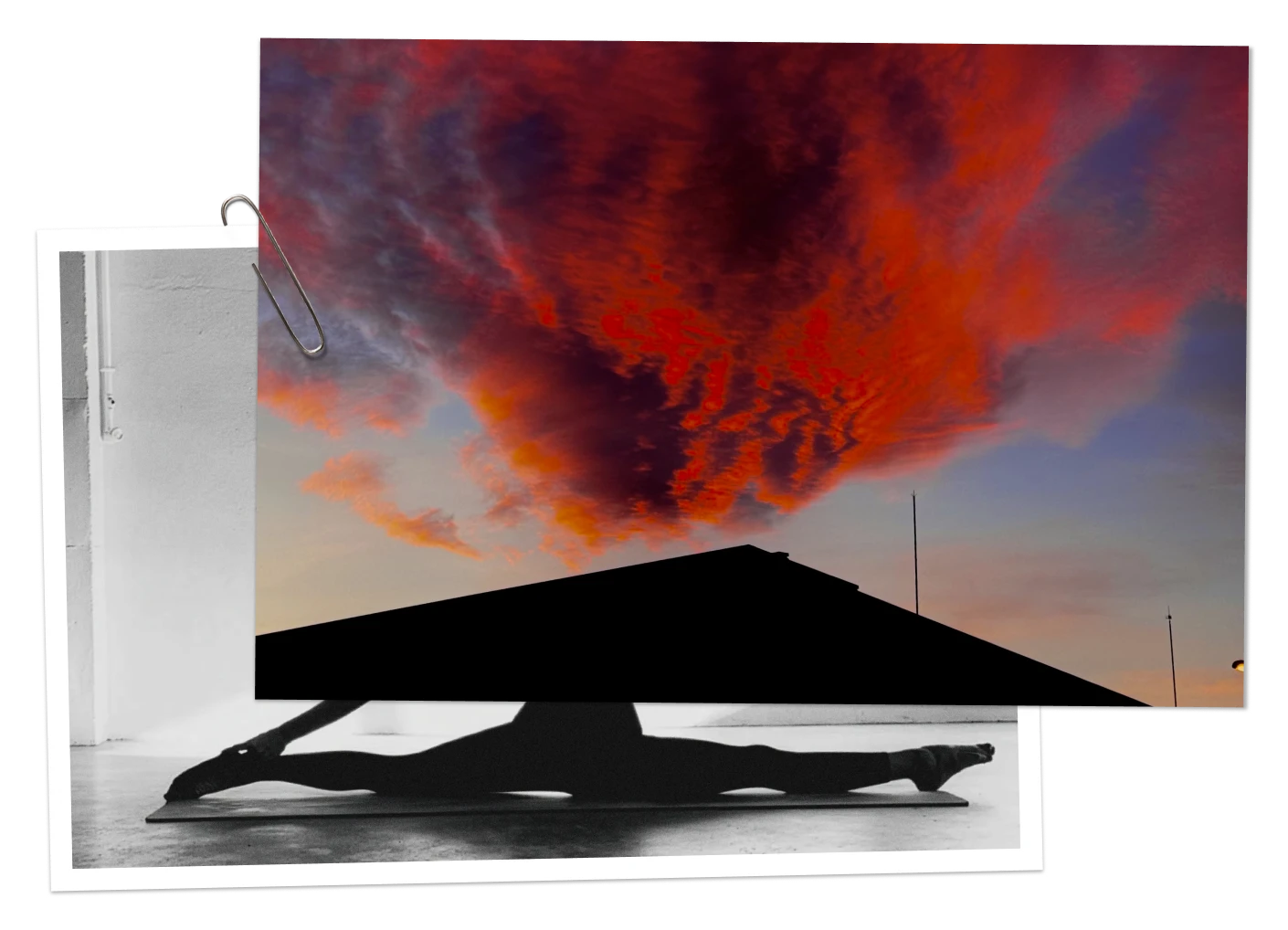 Composición de dos fotografías unidas por un clip. Una con un cielo rojo al atardecer y otra con una postura de Navakarana. Imagen de cabecera de Dhatri estudio de yoga en L'Alcudia